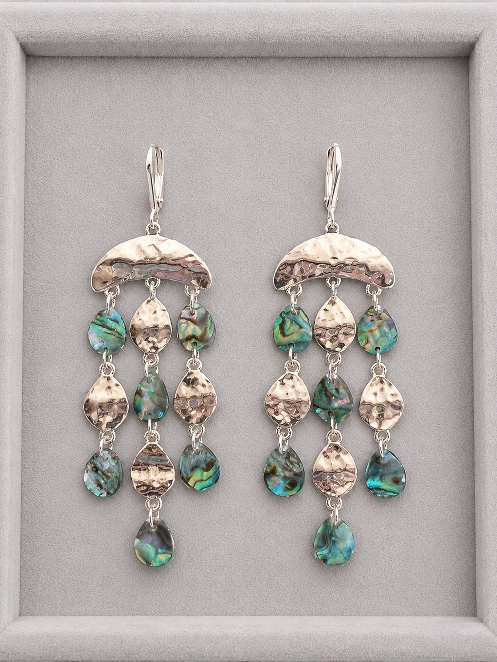 Hammered Silver and Abalone Chandelier Earrings Leverback NEW 3" #668